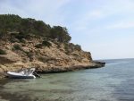 A rib boat moored at Cala Falco beach in Majorca